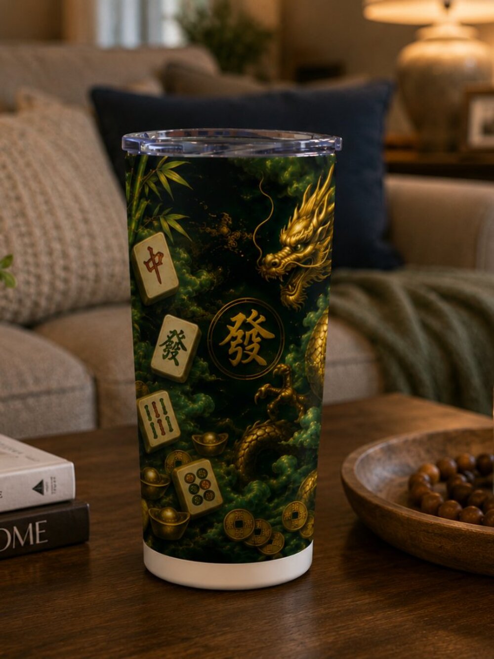 Gold Dragon Mahjong Tumbler 20oz | Mahjong Gift for Her | Jade Green Chinese - Picture 2 of 9